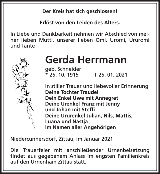 Gerda Herrmann : Traueranzeige : Sächsische Zeitung