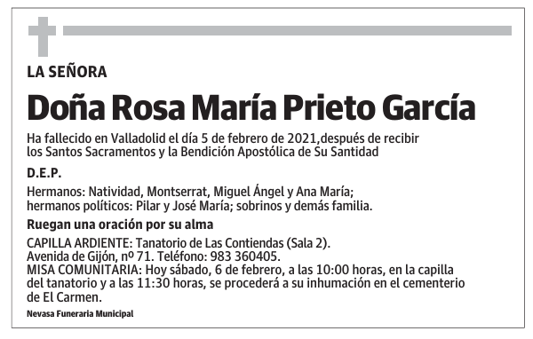 Esquela de Doña Rosa María Prieto García : Fallecimiento | Esquela en ...