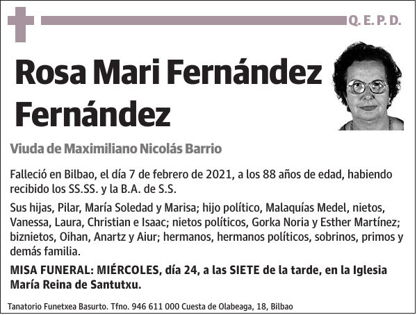 Esquela de Rosa Mari Fernández Fernández : Fallecimiento | Esquela en ...