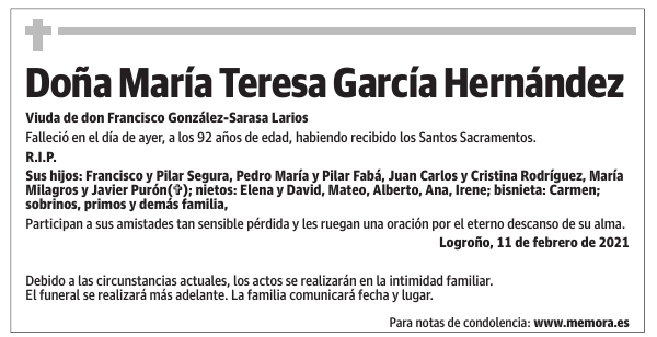 Esquela de Doña María Teresa García Hernández : Fallecimiento | Esquela ...