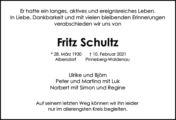 Fritz Schultz Traueranzeige Pinneberger Tageblatt
