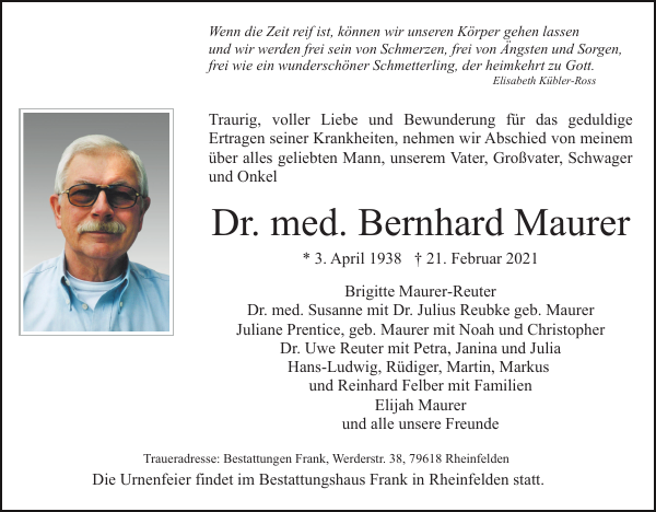 Bernhard Maurer Dr. med. Traueranzeige Badische Zeitung