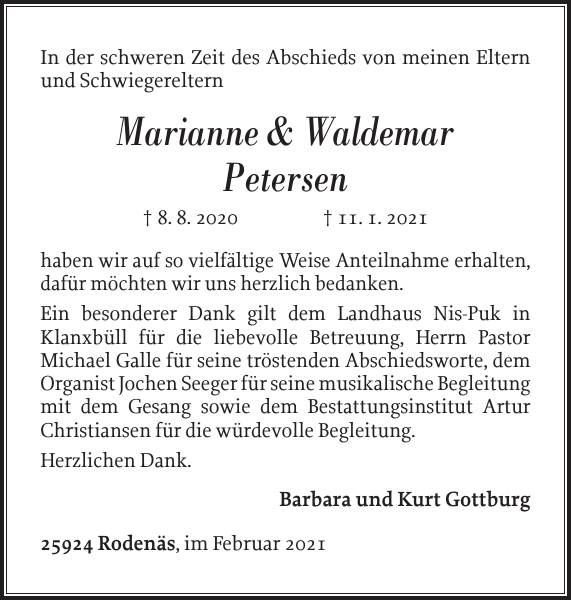 Marianne Waldemar Petersen Danksagung Sylter Rundschau