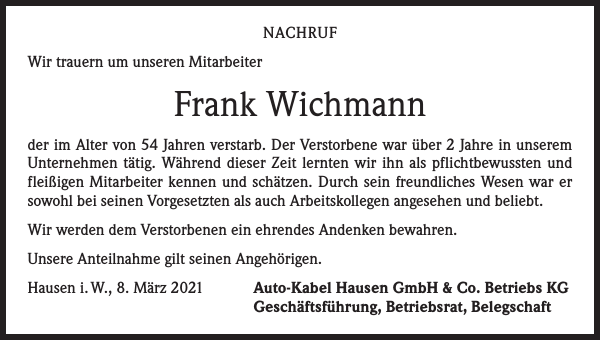 Frank Wichmann: Nachruf : Badische Zeitung