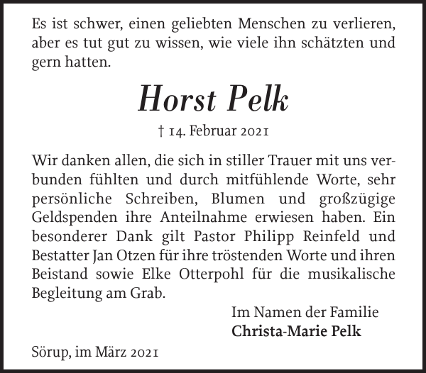 Horst Pelk Danksagung Flensburger Tageblatt