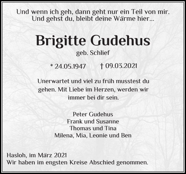 Brigitte Gudehus Traueranzeige Pinneberger Tageblatt