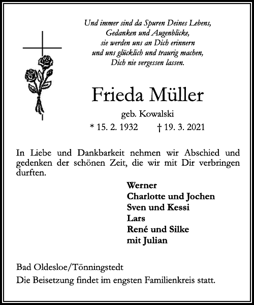 Frieda Müller Traueranzeige Stormarner Tageblatt