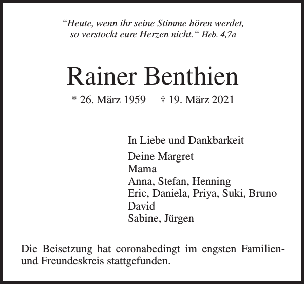 Rainer Benthien Traueranzeige Pinneberger Tageblatt