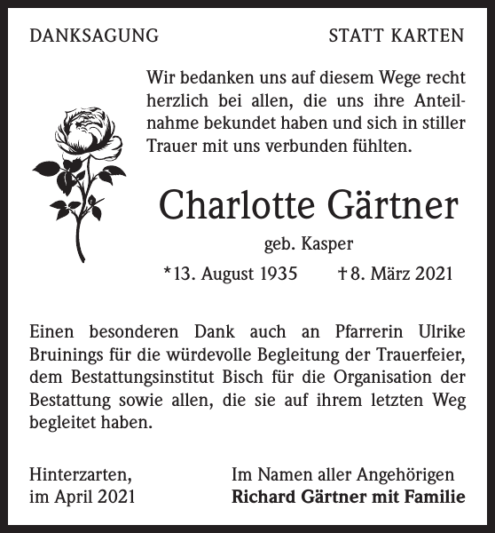 Charlotte Gärtner Traueranzeige Badische Zeitung
