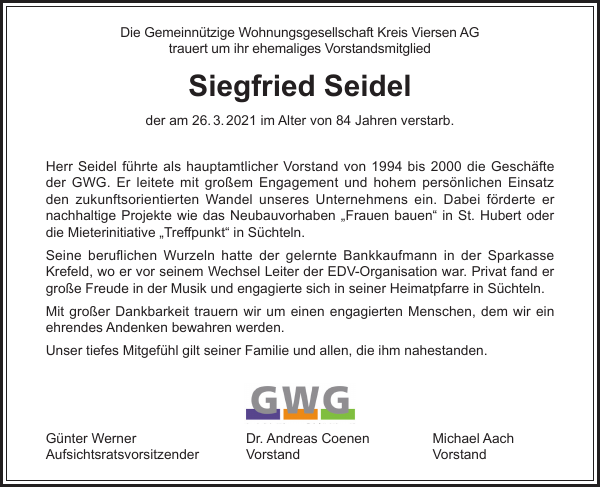 Siegfried Seidel Nachruf Westdeutsche Zeitung