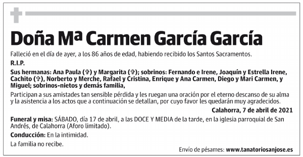 Esquela de Doña Mª Carmen García García : Fallecimiento | Esquela en La ...