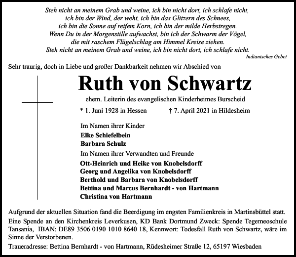 Ruth vom Schwartz Traueranzeige Remscheider GeneralAnzeiger