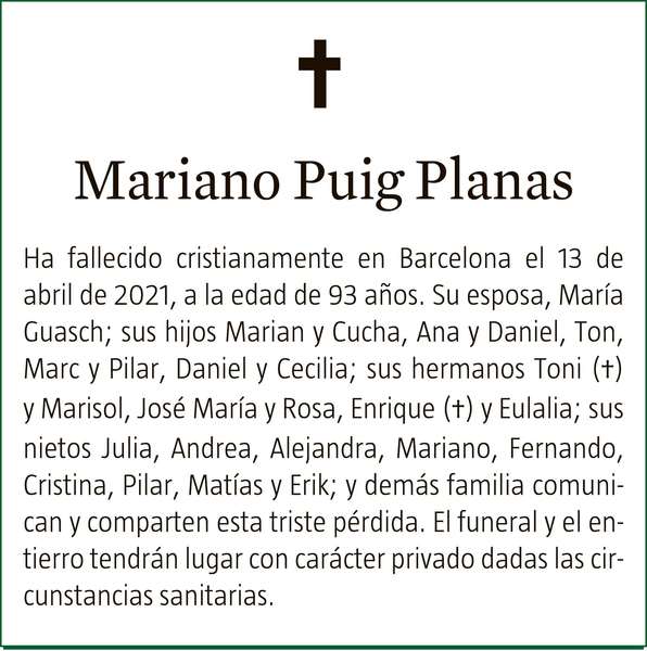 MARIANO PUIG PLANAS Fallecimiento EnMemoria, el canal de esquelas