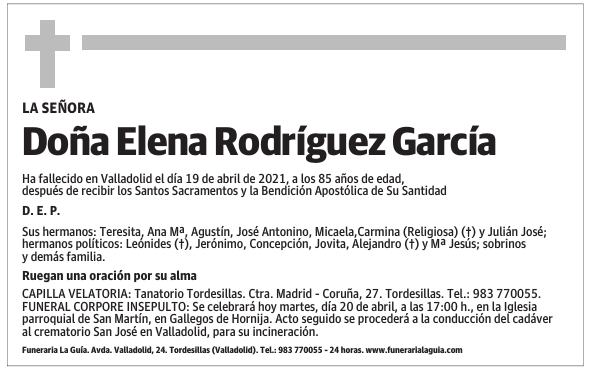 Esquela de Doña Elena Rodríguez García : Fallecimiento | Esquela en El ...