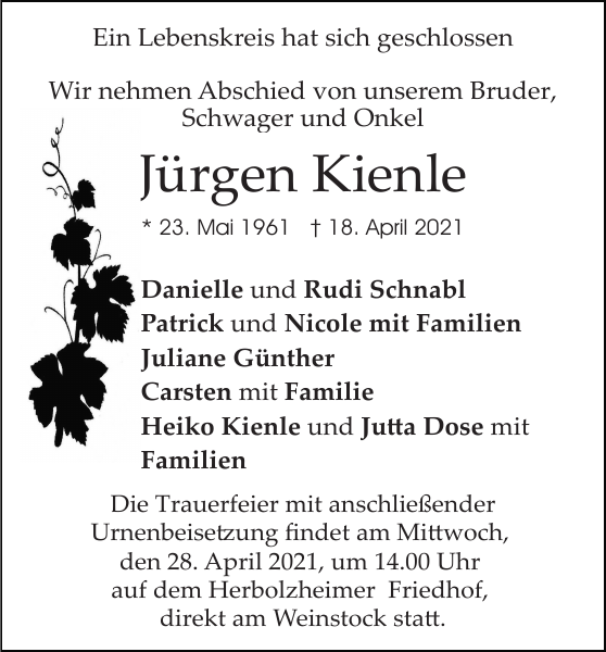 Jürgen Kienle Traueranzeige Badische Zeitung
