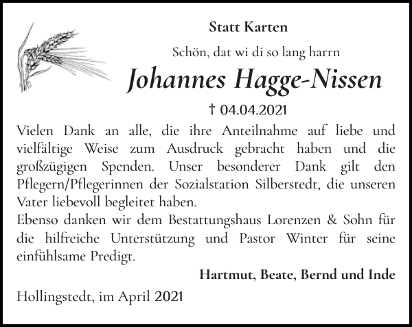 Johannes HaggeNissen Danksagung Schleswiger Nachrichten