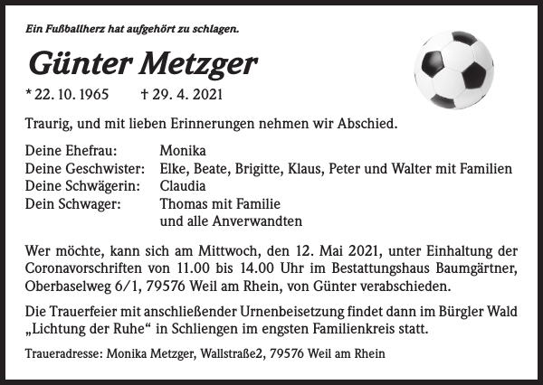 Günter Metzger Traueranzeige Badische Zeitung