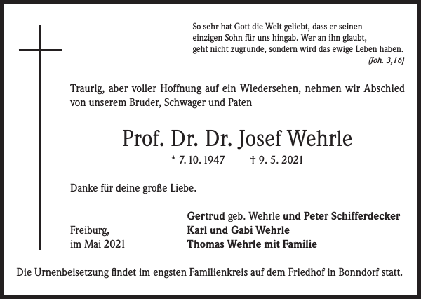 Josef Wehrle Traueranzeige Badische Zeitung
