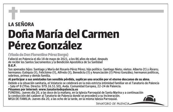 Esquela de Doña María del Carmen Pérez González : Fallecimiento ...