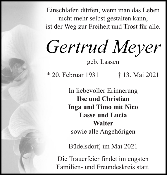 Gertrud Meyer Traueranzeige Landeszeitung