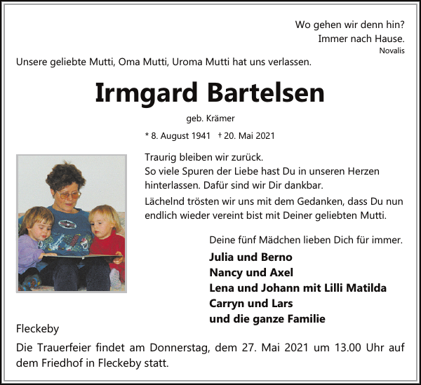 Irmgard Bartelsen Traueranzeige Eckernförder Zeitung