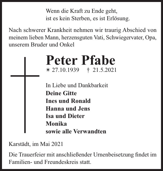 Peter Pfabe : Traueranzeige : Der Prignitzer