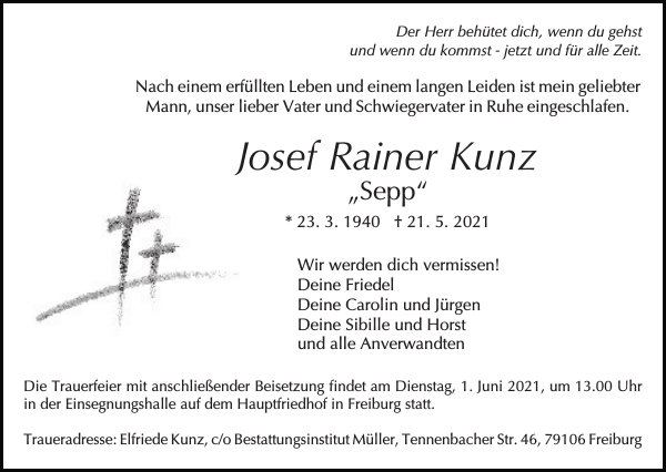 Josef Rainer Kunz Traueranzeige Badische Zeitung
