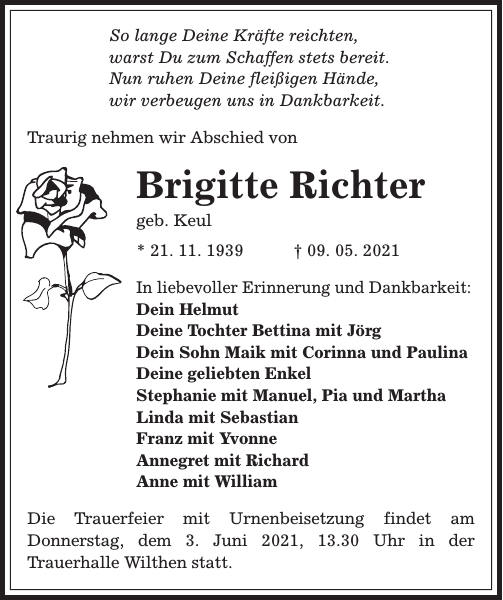 Brigitte Richter Traueranzeige Sächsische Zeitung