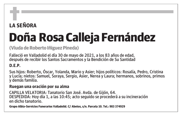 Esquela de Doña Rosa Calleja Fernández : Fallecimiento | Esquela en El ...