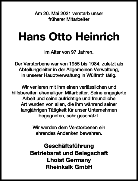 Hans Otto Heinrich Nachruf Westdeutsche Zeitung