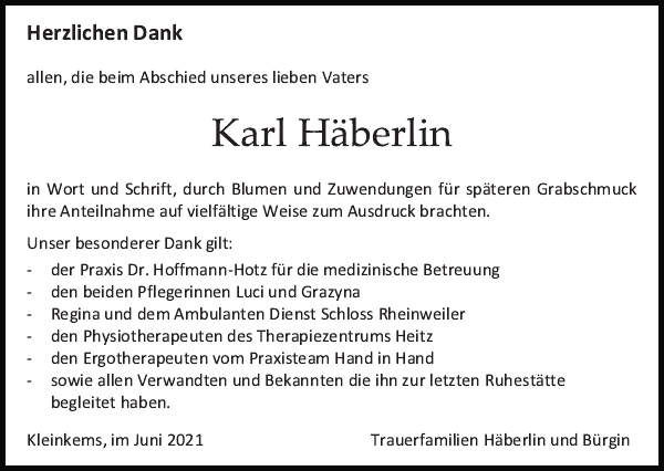 Karl Häberlin Traueranzeige Badische Zeitung