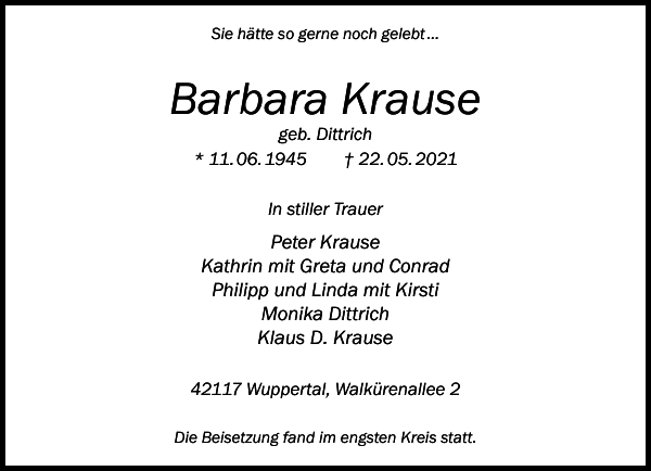 Barbara Krause Traueranzeige Westdeutsche Zeitung