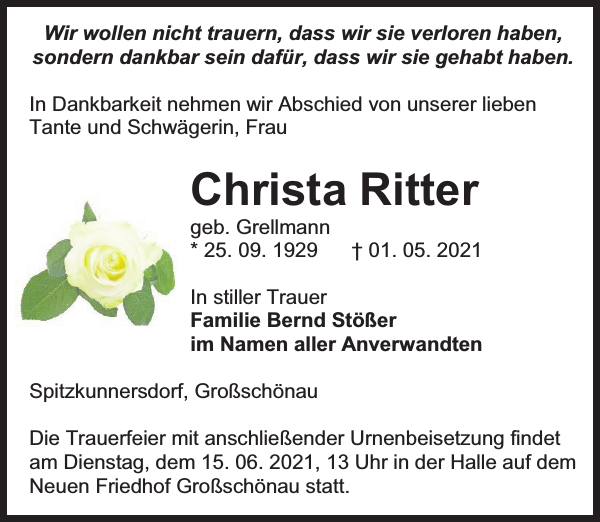 Christa Ritter : Traueranzeige : Sächsische Zeitung