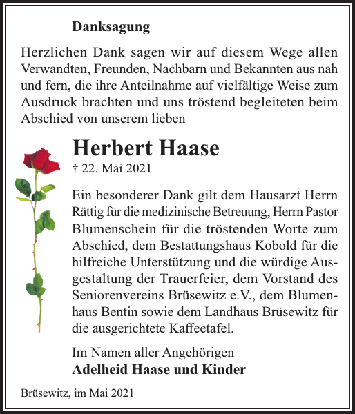 Herbert Haase Danksagung GadebuschRehnaer Zeitung