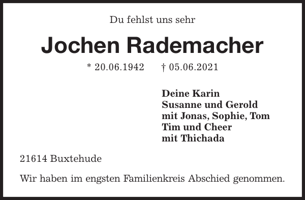 Jochen Rademacher Traueranzeige Stader Tageblatt