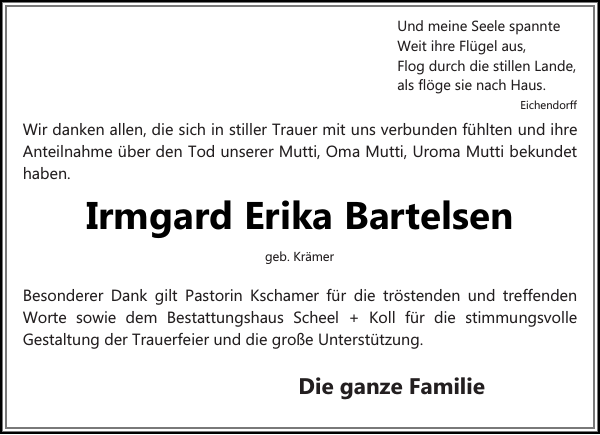 Irmgard Erika Bartelsen Danksagung Eckernförder Zeitung