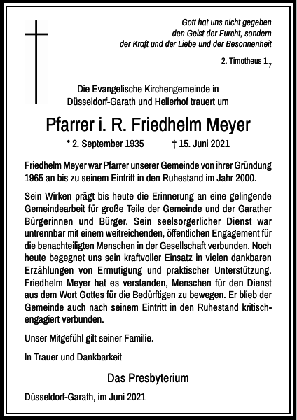 Pfarrer I. R. Friedhelm Meyer: Nachruf : Westdeutsche Zeitung