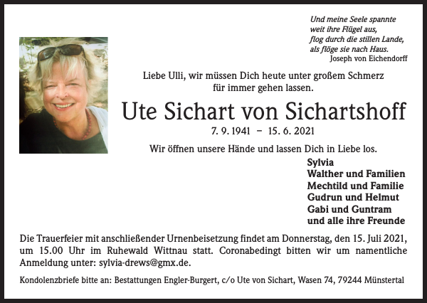 Ute Sichart von Sichartshoff Traueranzeige Badische Zeitung
