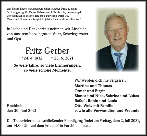 Fritz Gerber Traueranzeige Badische Zeitung