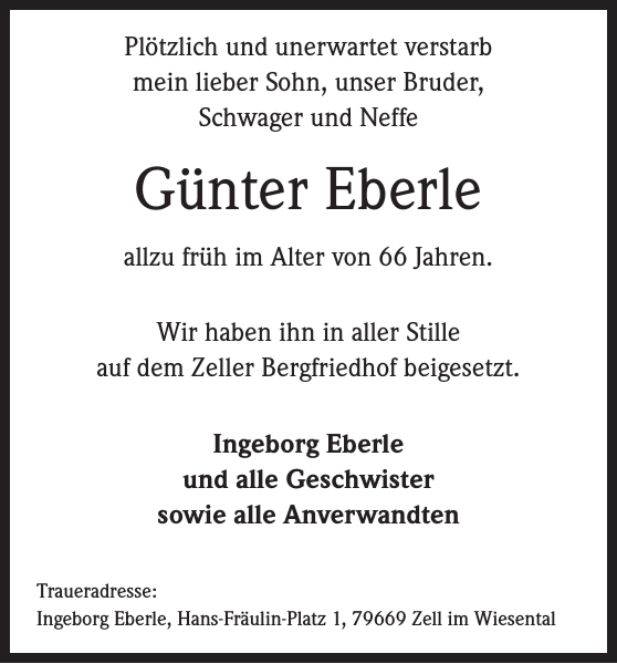 Günter Eberle Traueranzeige Badische Zeitung