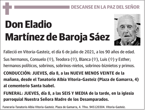 Esquela de Eladio Martínez de Baroja Sáez : Fallecimiento | Esquela en ...