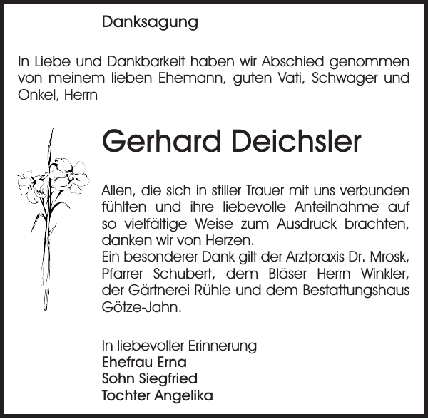 Gerhard Deichsler : Danksagung : Sächsische Zeitung