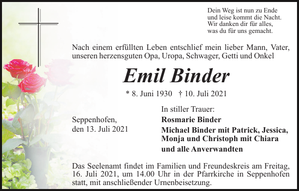 Emil Binder Traueranzeige Badische Zeitung