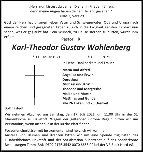 KarlTheodor Gustav Wohlenberg Traueranzeige Flensburger Tageblatt