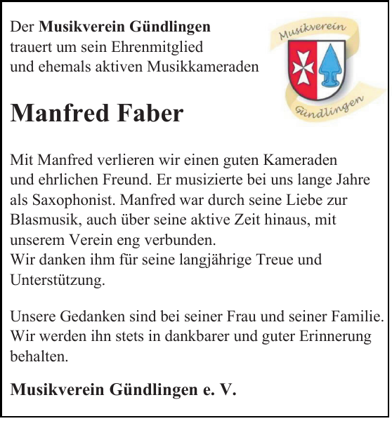 Manfred Faber: Traueranzeige : Badische Zeitung