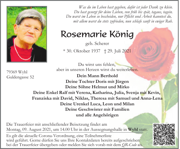 Rosemarie König : Traueranzeige : Badische Zeitung