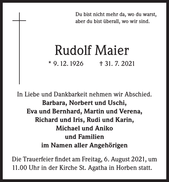 Rudolf Maier Traueranzeige Badische Zeitung