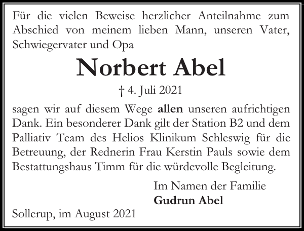 Norbert Abel Danksagung Flensburger Tageblatt
