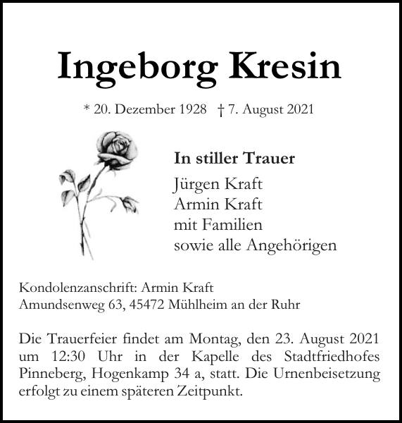 Ingeborg Kresin : Traueranzeige : Pinneberger Tageblatt