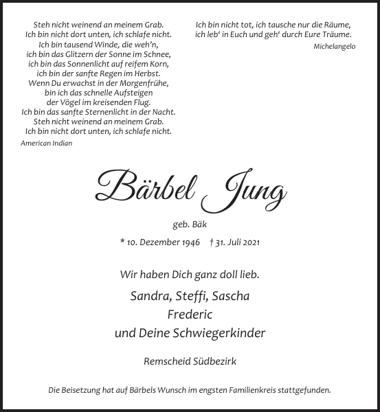 Bärbel Jung Traueranzeige Remscheider GeneralAnzeiger